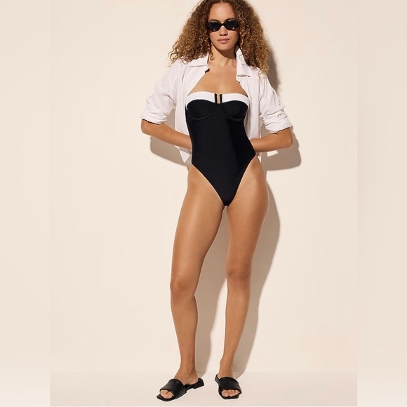 Express Black and White Color Block Balconette One Piece Swimsuit - Picture 2 of 9